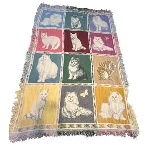 VTG Cat Tapestry Throw Blanket Woven Fringe Pastel Patchwork Cats Butterflies
